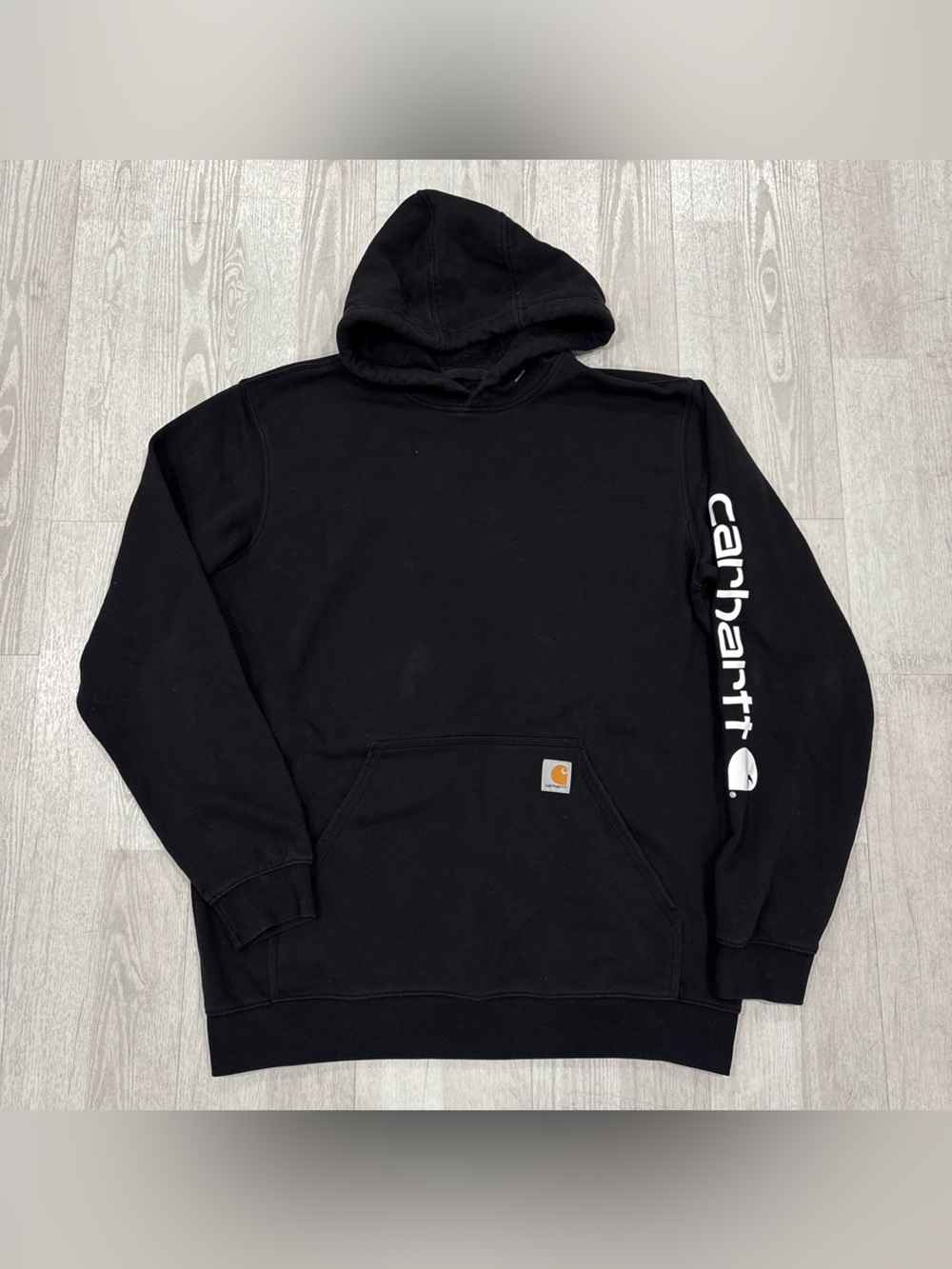 Carhartt Black Pullover Hoodie Sweatshirt Sleeve Logo Loose Fit Size L Tal